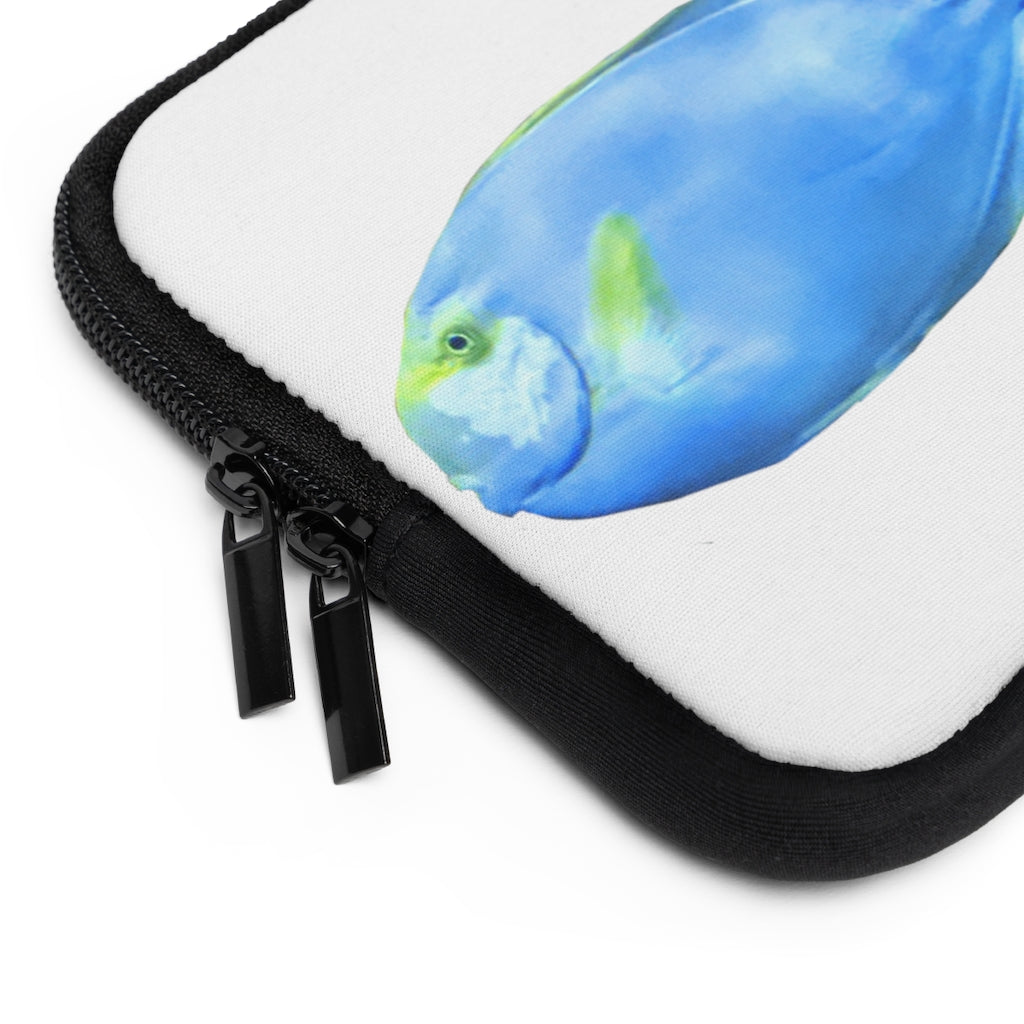 Light Blue and Yellow Fish Laptop Sleeve with dual zipper enclosures and smooth neoprene material, showcasing a vibrant fish design.