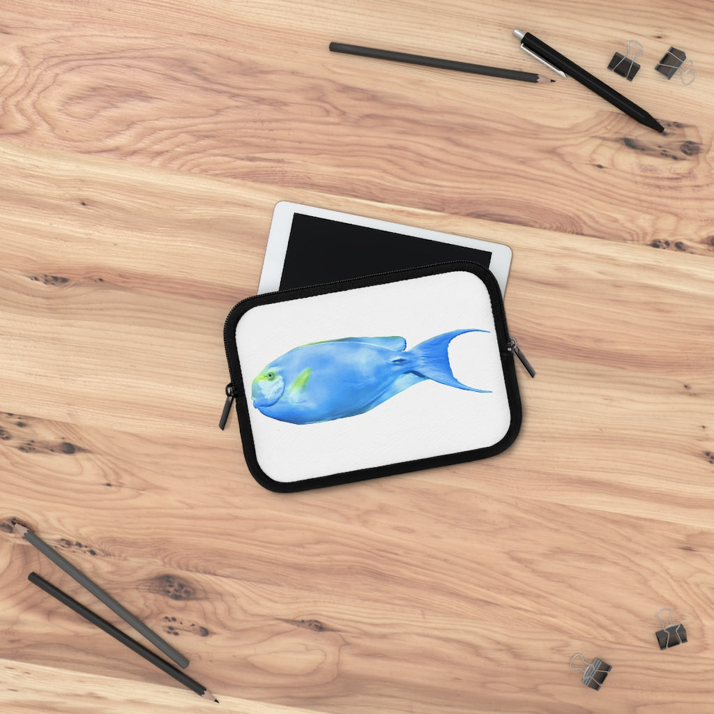 Light Blue and Yellow Fish Laptop Sleeve with dual zipper enclosures and smooth neoprene material, showcasing a vibrant fish design.