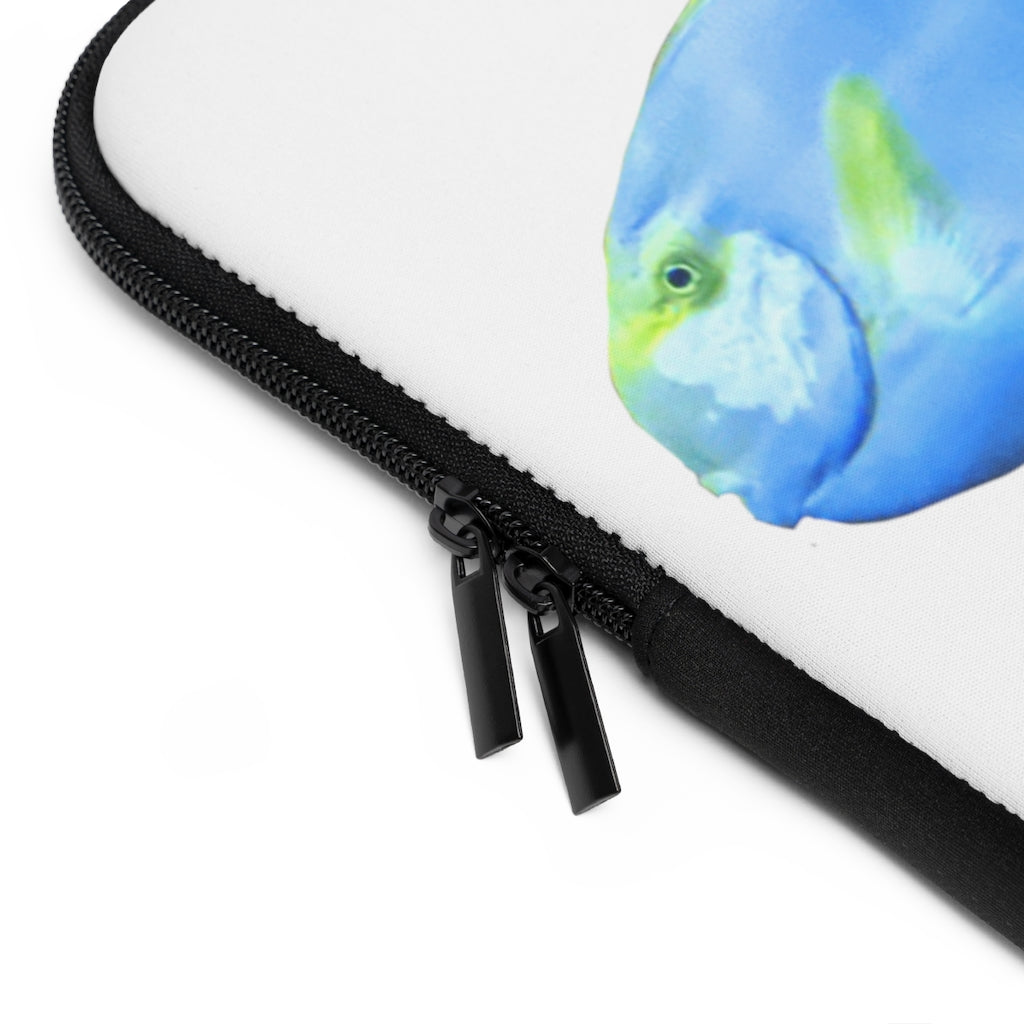 Light Blue and Yellow Fish Laptop Sleeve with dual zipper enclosures and smooth neoprene material, showcasing a vibrant fish design.