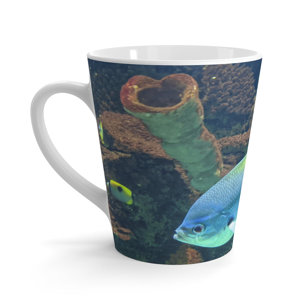 Light Blue and Yellow Fish Latte Mug with a vibrant fish design, perfect for coffee lovers.