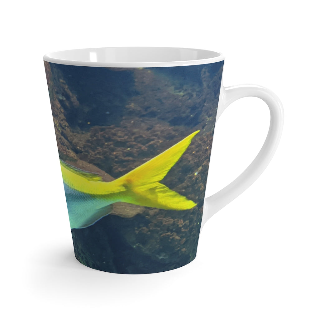 Light Blue and Yellow Fish Latte Mug with a vibrant fish design, perfect for coffee lovers.