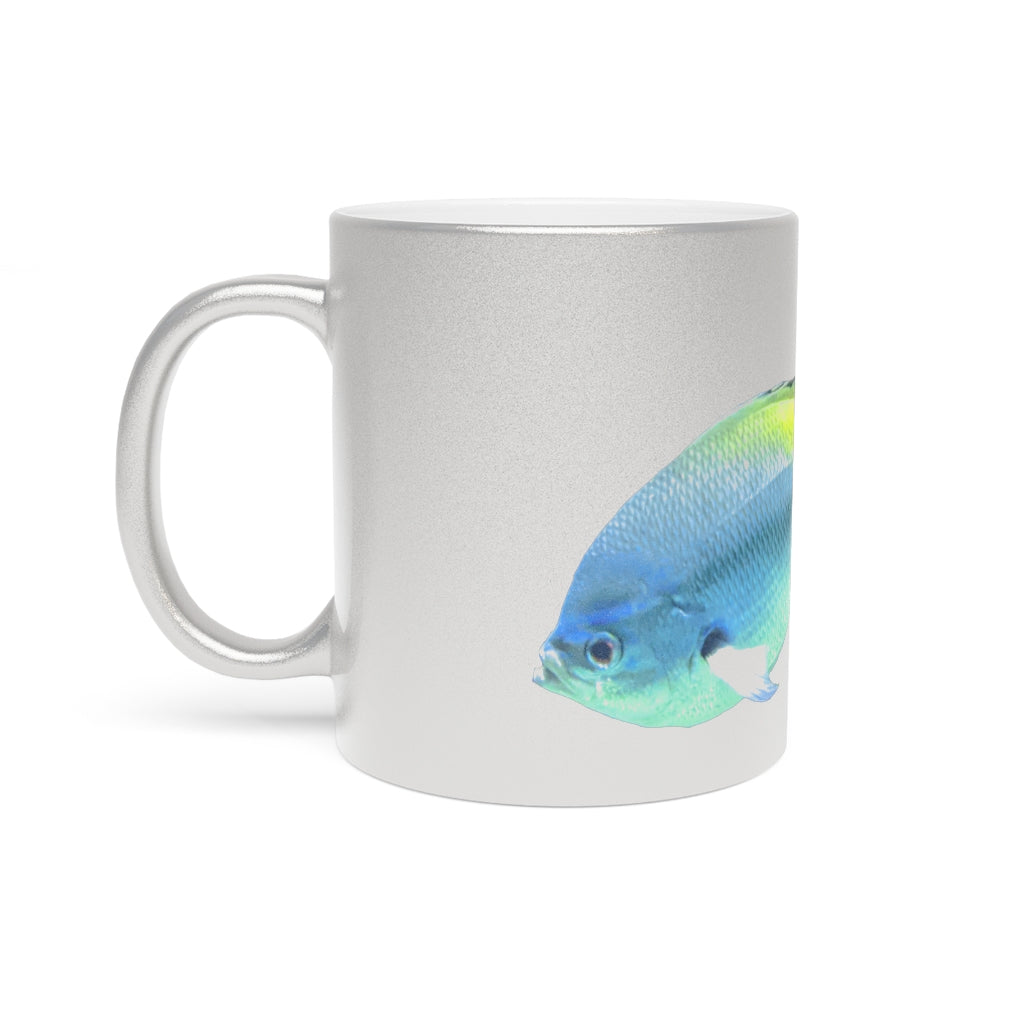 Light Blue and Yellow Fish Metallic Mug with Gold and Silver coating, featuring a C-handle and customizable design options.