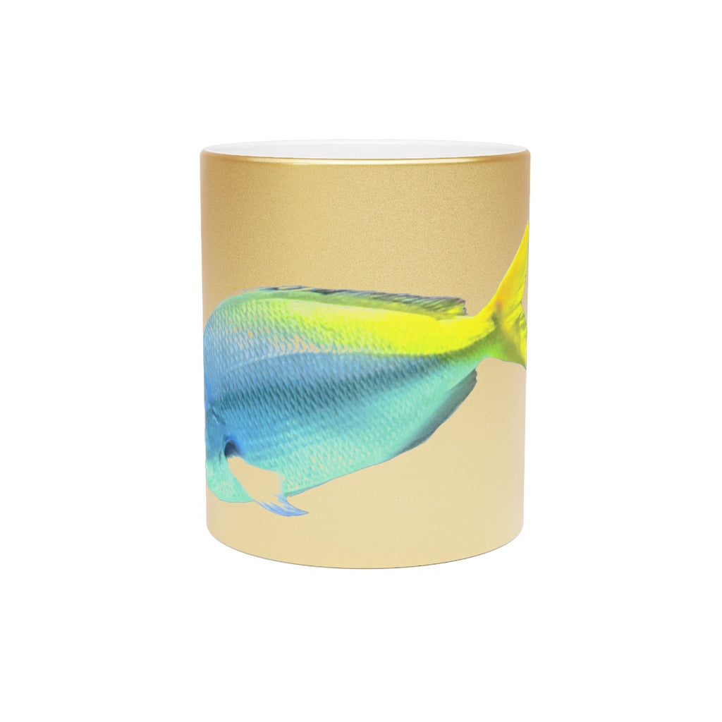 Light Blue and Yellow Fish Metallic Mug with Gold and Silver coating, featuring a C-handle and customizable design options.