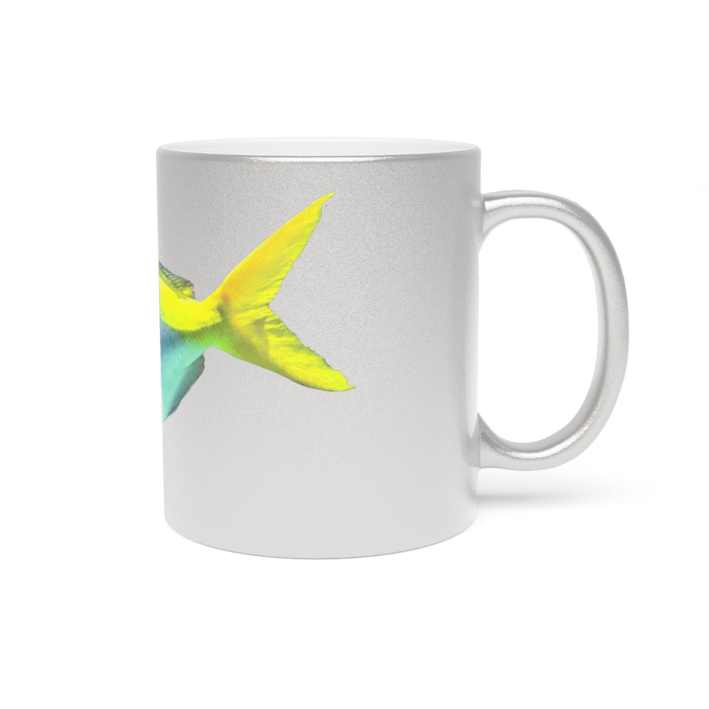 Light Blue and Yellow Fish Metallic Mug with Gold and Silver coating, featuring a C-handle and customizable design options.