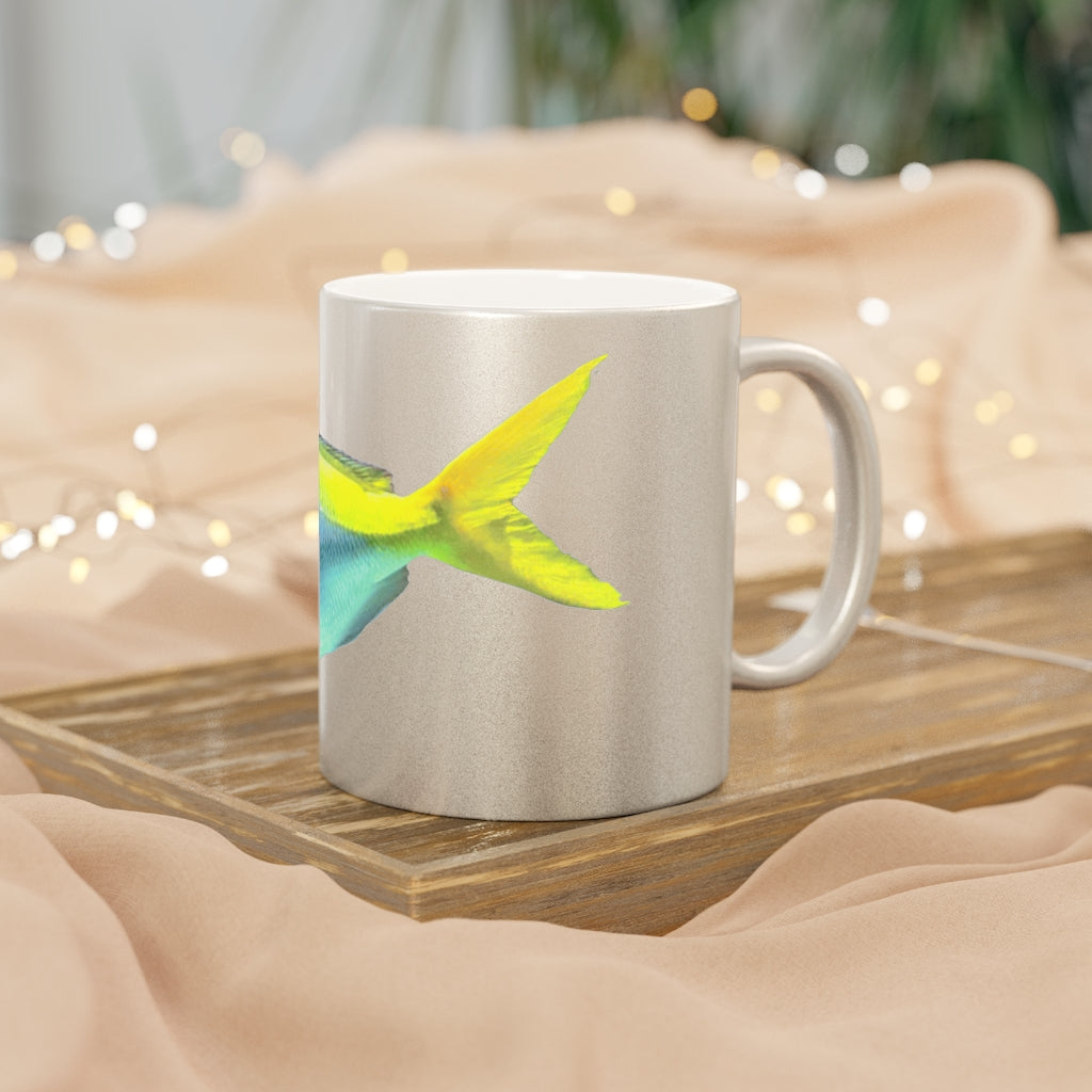 Light Blue and Yellow Fish Metallic Mug with Gold and Silver coating, featuring a C-handle and customizable design options.