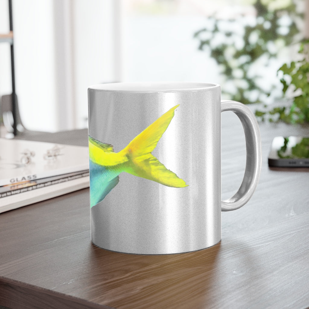 Light Blue and Yellow Fish Metallic Mug with Gold and Silver coating, featuring a C-handle and customizable design options.