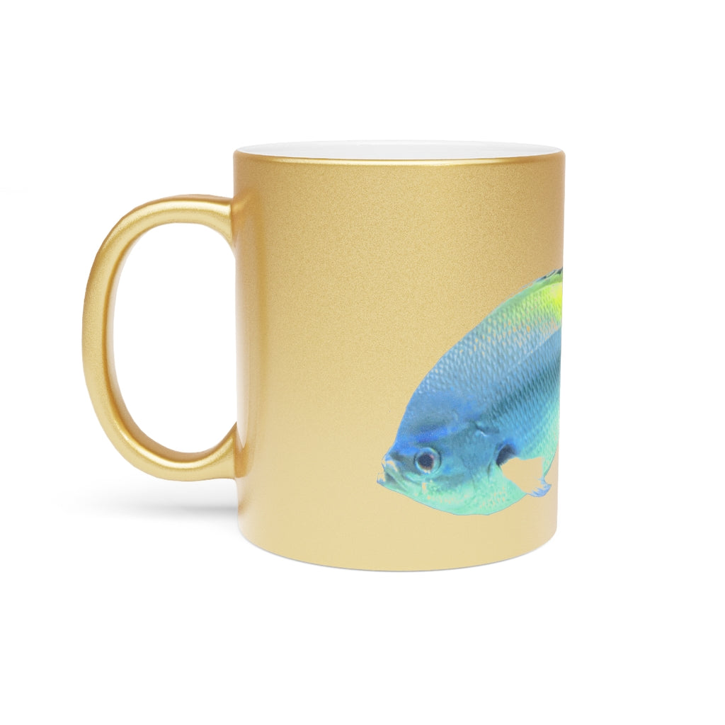 Light Blue and Yellow Fish Metallic Mug with Gold and Silver coating, featuring a C-handle and customizable design options.