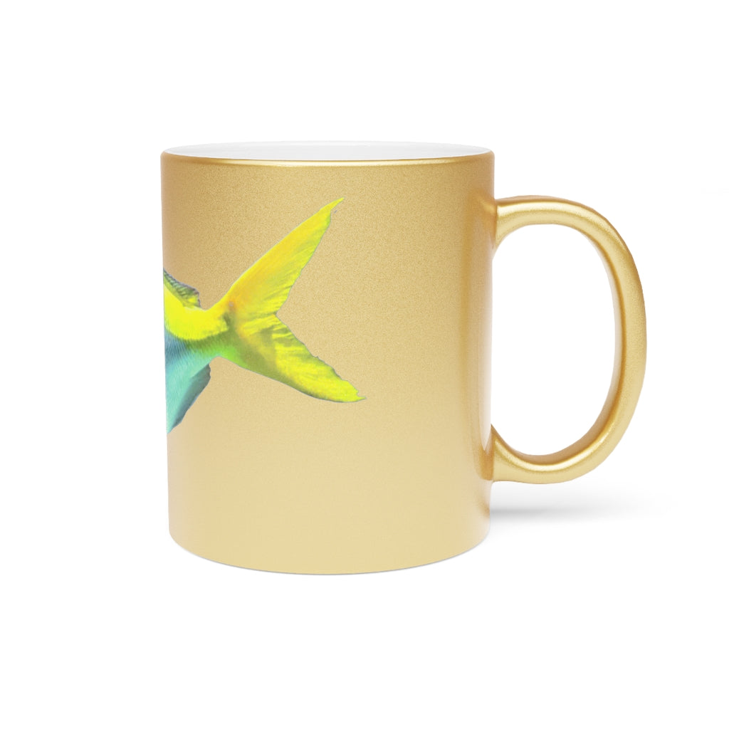 Light Blue and Yellow Fish Metallic Mug with Gold and Silver coating, featuring a C-handle and customizable design options.