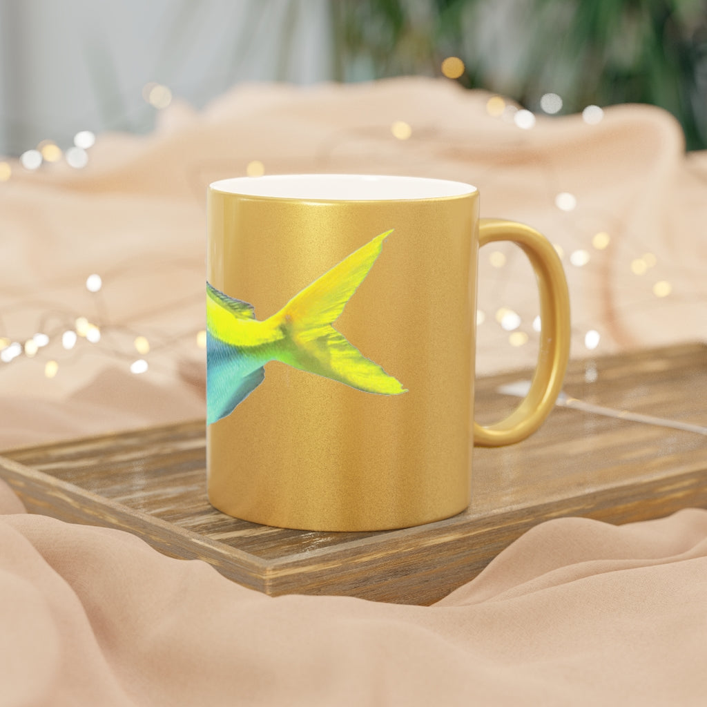 Light Blue and Yellow Fish Metallic Mug with Gold and Silver coating, featuring a C-handle and customizable design options.