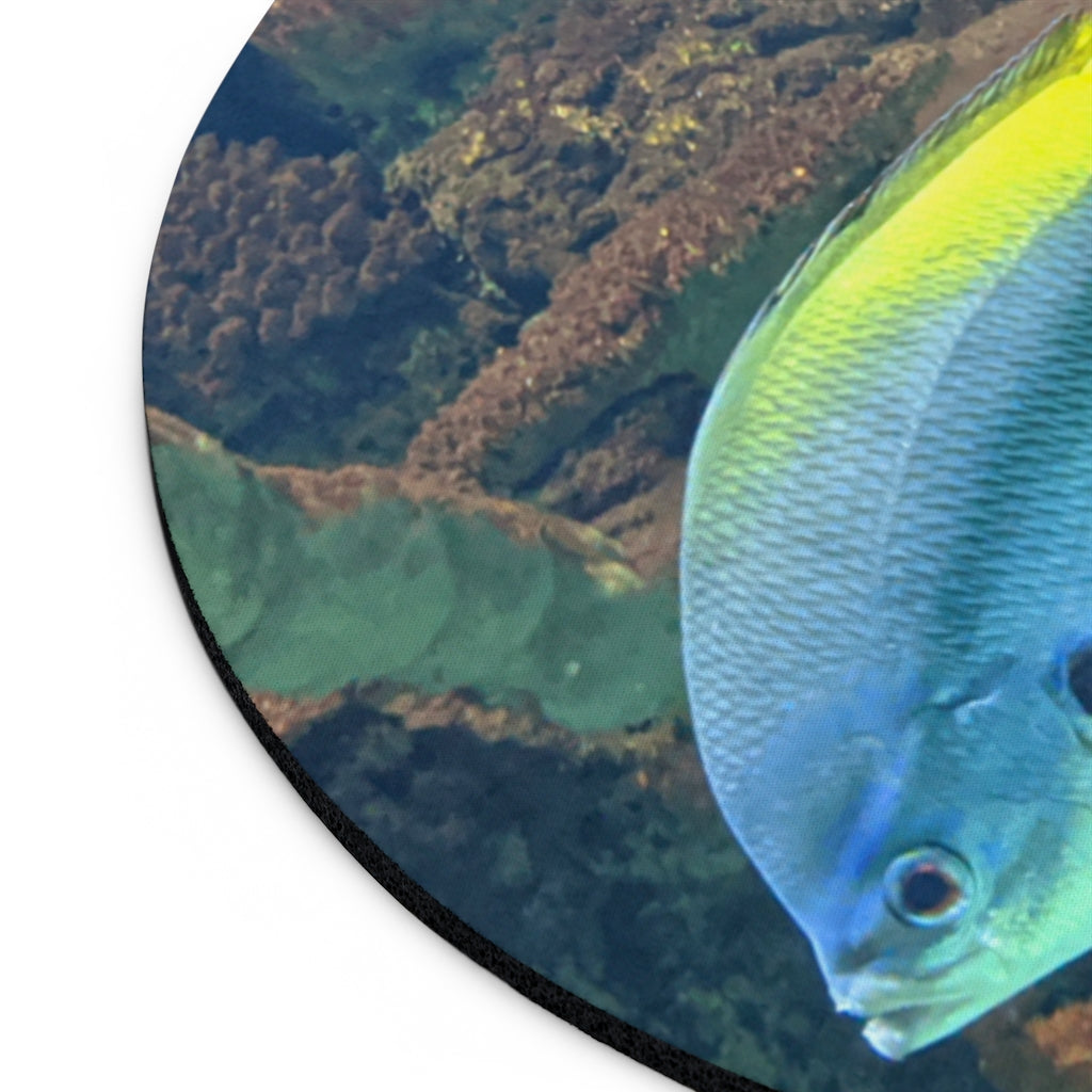 Light Blue and Yellow Fish Mouse Pad featuring a vibrant fish design, available in round and rectangular shapes with a non-slip rubber bottom.