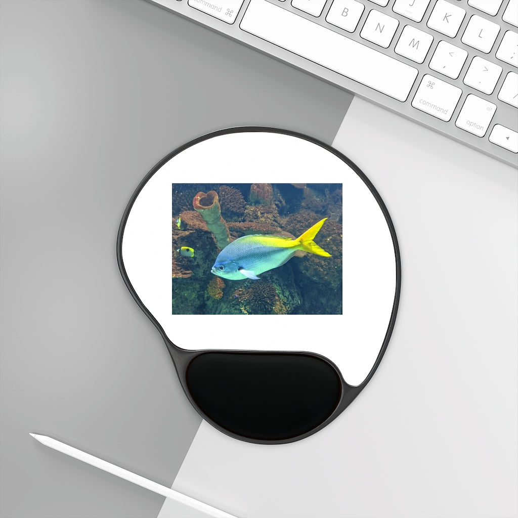 Light Blue and Yellow Fish Mouse Pad with ergonomic wrist rest, featuring a vibrant fish design and a durable base.