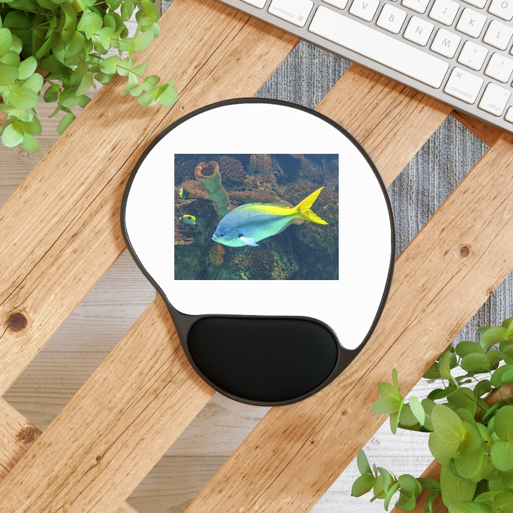 Light Blue and Yellow Fish Mouse Pad with ergonomic wrist rest, featuring a vibrant fish design and a durable base.