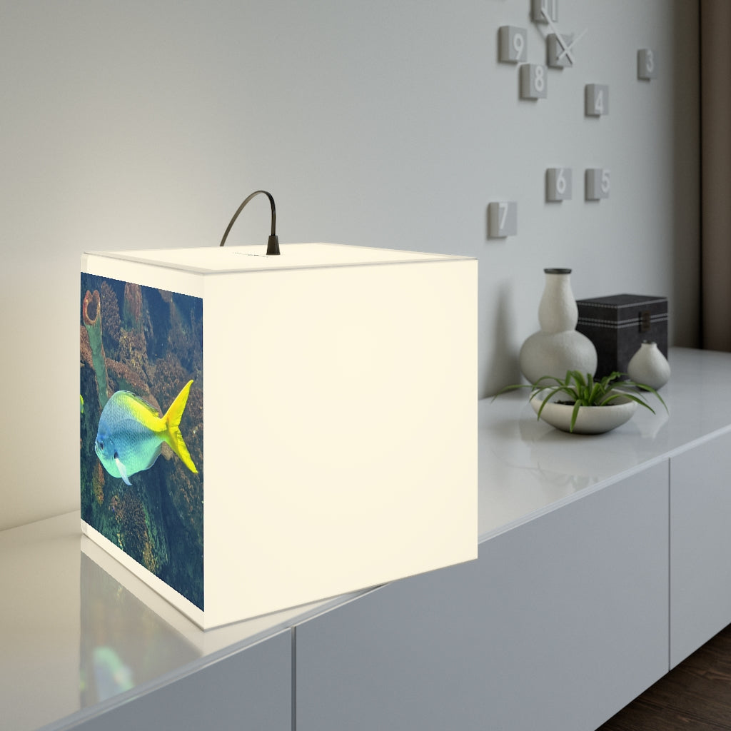 Light Blue and Yellow Fish Personalized Lamp showcasing a vibrant cube design, perfect for indoor decor.