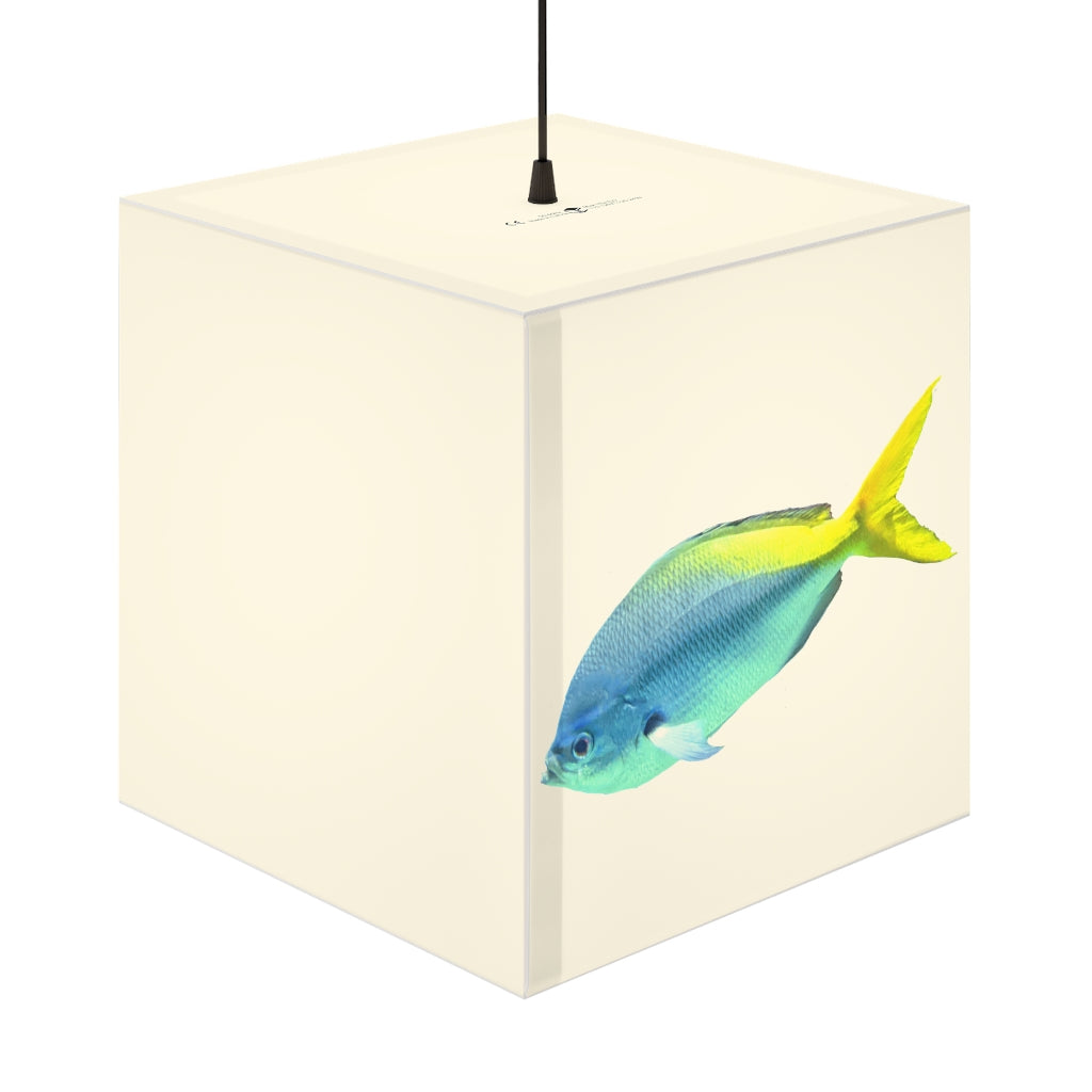 Light Blue and Yellow Fish Personalized Lamp showcasing a unique cube design with vibrant colors, perfect for indoor decor.