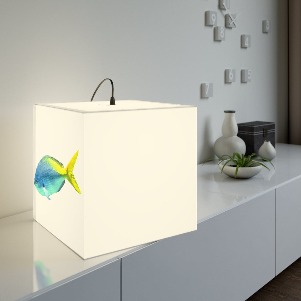 Light Blue and Yellow Fish Personalized Lamp showcasing a unique cube design with vibrant colors, perfect for indoor decor.