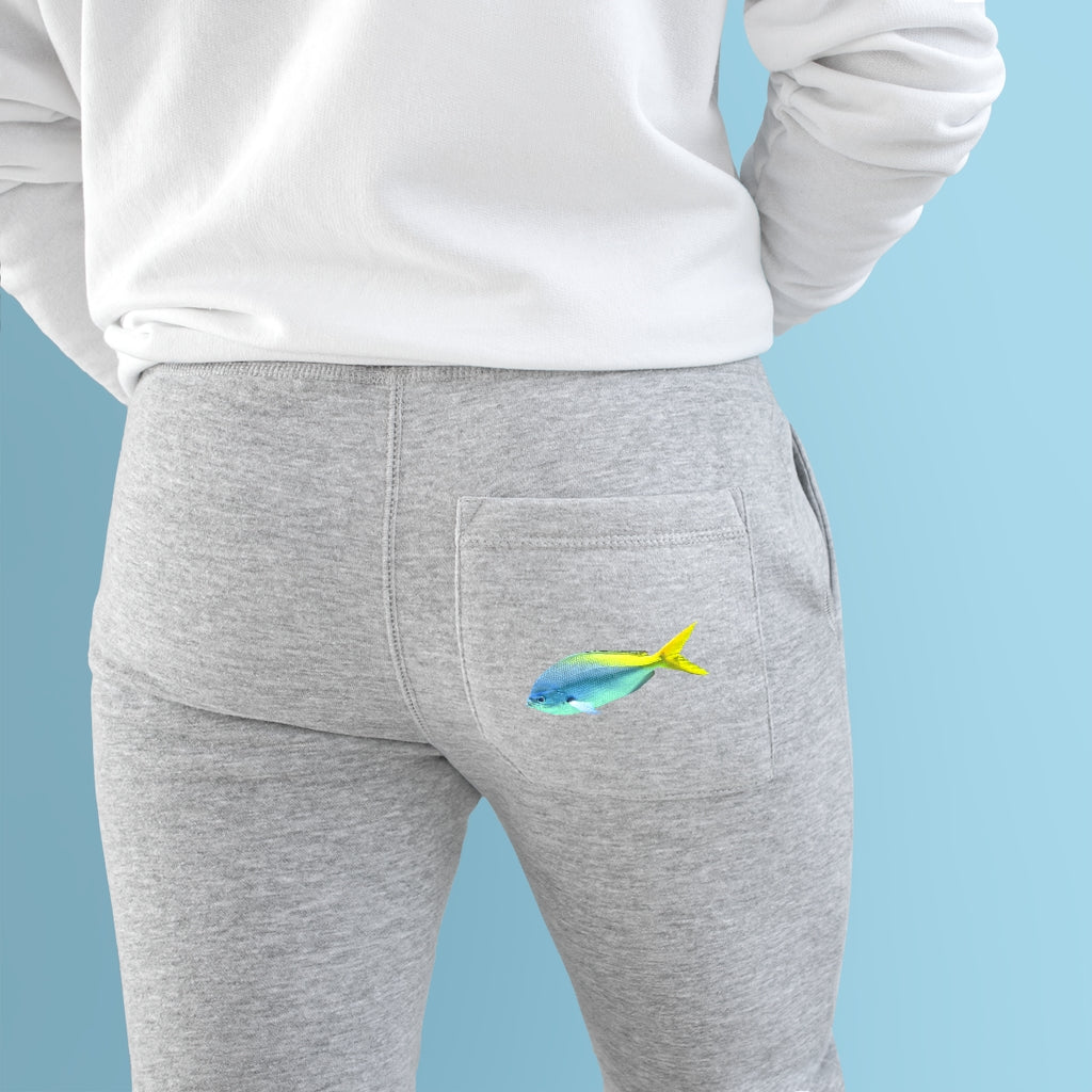 Light Blue and Yellow Fish Premium Fleece Joggers with customizable back pocket and side pockets, featuring a stylish fish design.