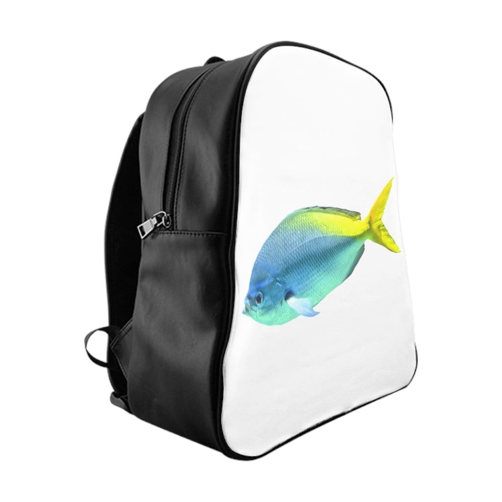 Light Blue and Yellow Fish School Backpack with vibrant fish print and chocolate brown lining, featuring padded back and inside pockets.