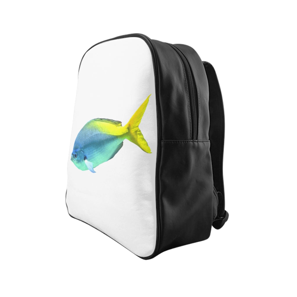 Light Blue and Yellow Fish School Backpack with vibrant fish print and chocolate brown lining, featuring padded back and inside pockets.