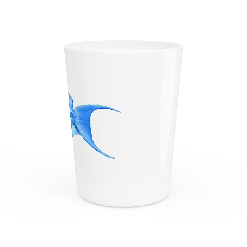 Light Blue and Yellow Fish Shot Glass with white ceramic finish and vibrant design.