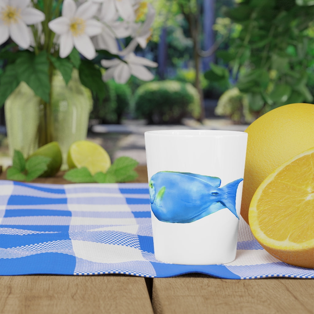 Light Blue and Yellow Fish Shot Glass with white ceramic finish and vibrant design.