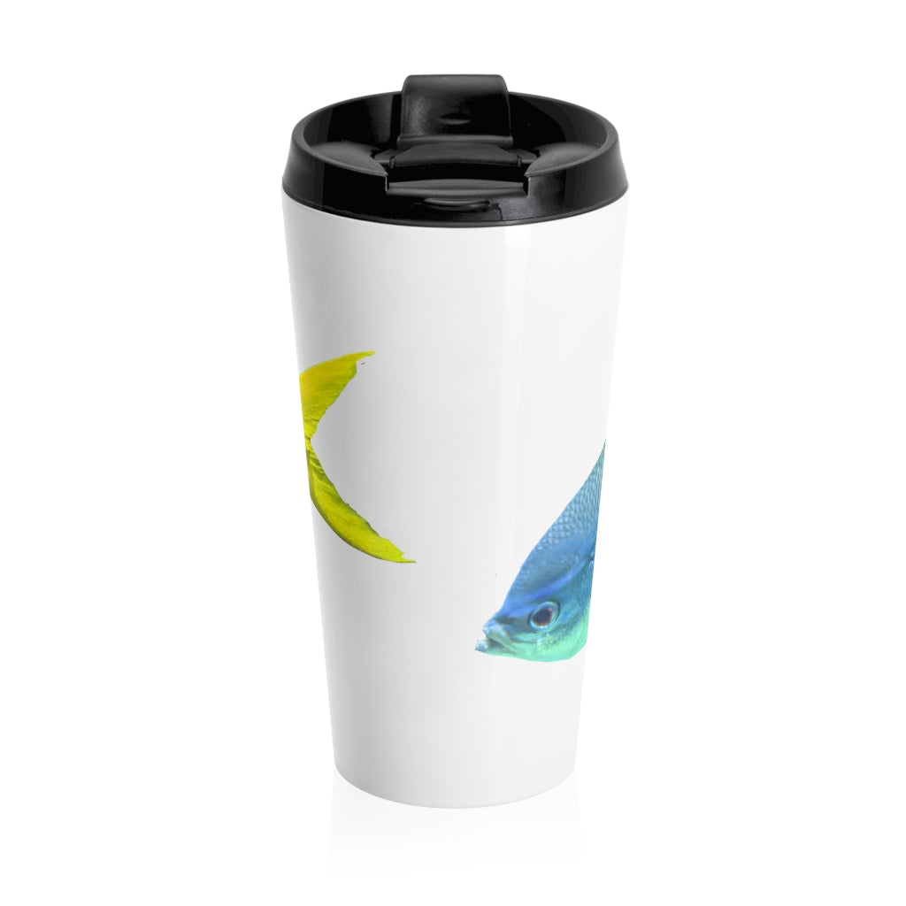 Light Blue and Yellow Fish Stainless Steel Travel Mug with a vibrant fish design, perfect for coffee and tea lovers.