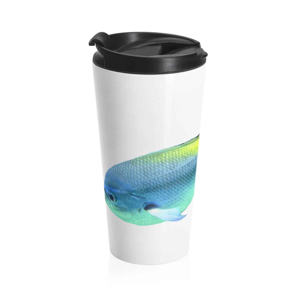 Light Blue and Yellow Fish Stainless Steel Travel Mug with a vibrant fish design, perfect for coffee and tea lovers.