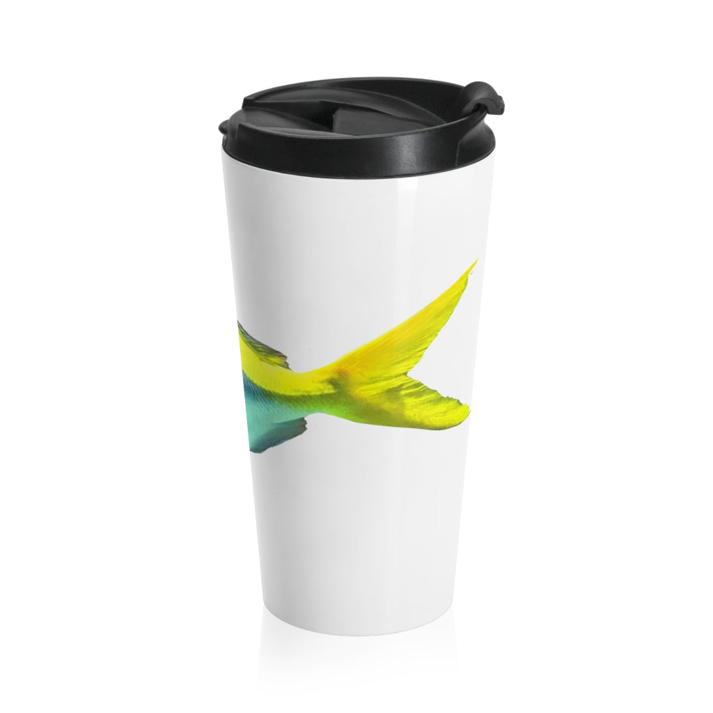 Light Blue and Yellow Fish Stainless Steel Travel Mug with a vibrant fish design, perfect for coffee and tea lovers.