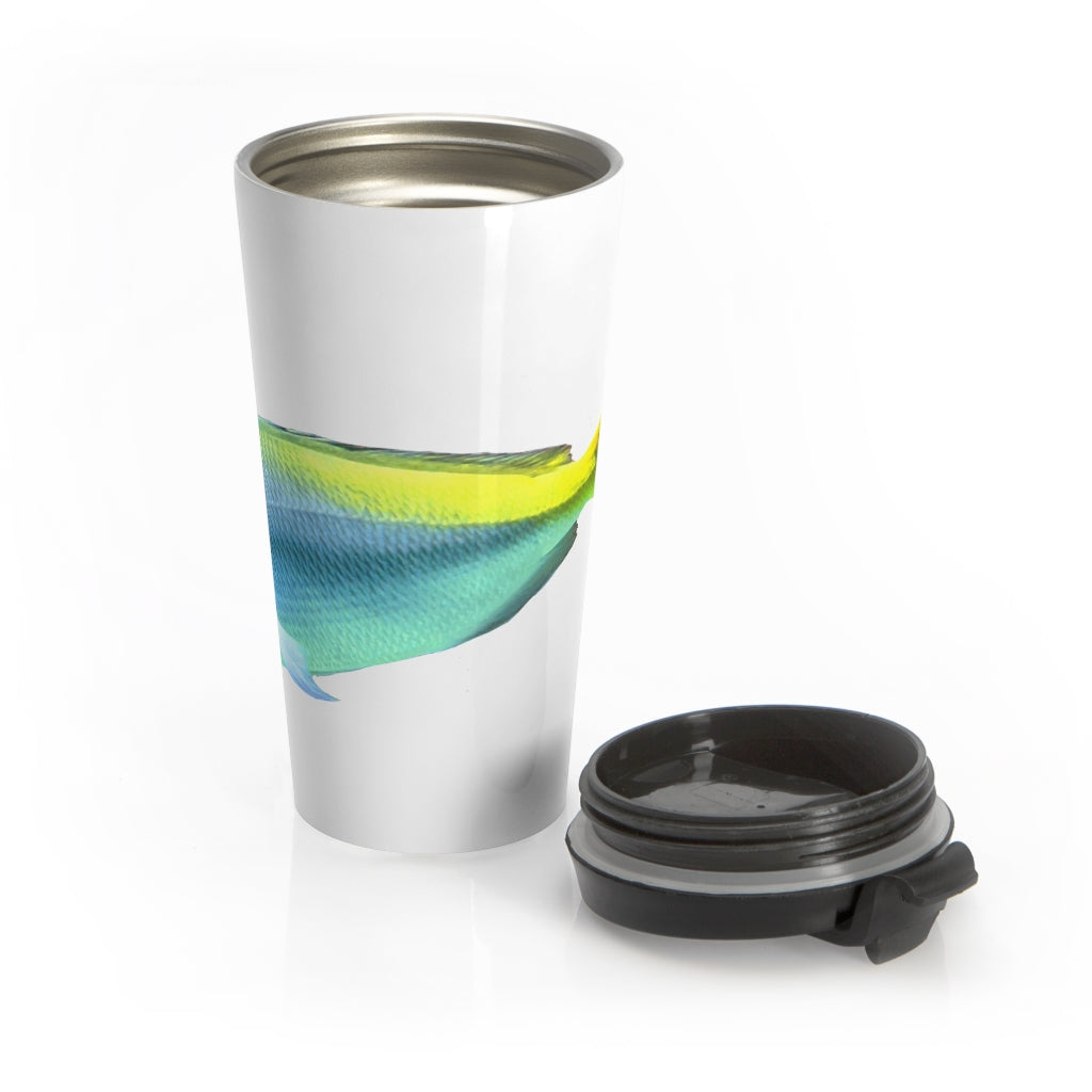 Light Blue and Yellow Fish Stainless Steel Travel Mug with a vibrant fish design, perfect for coffee and tea lovers.