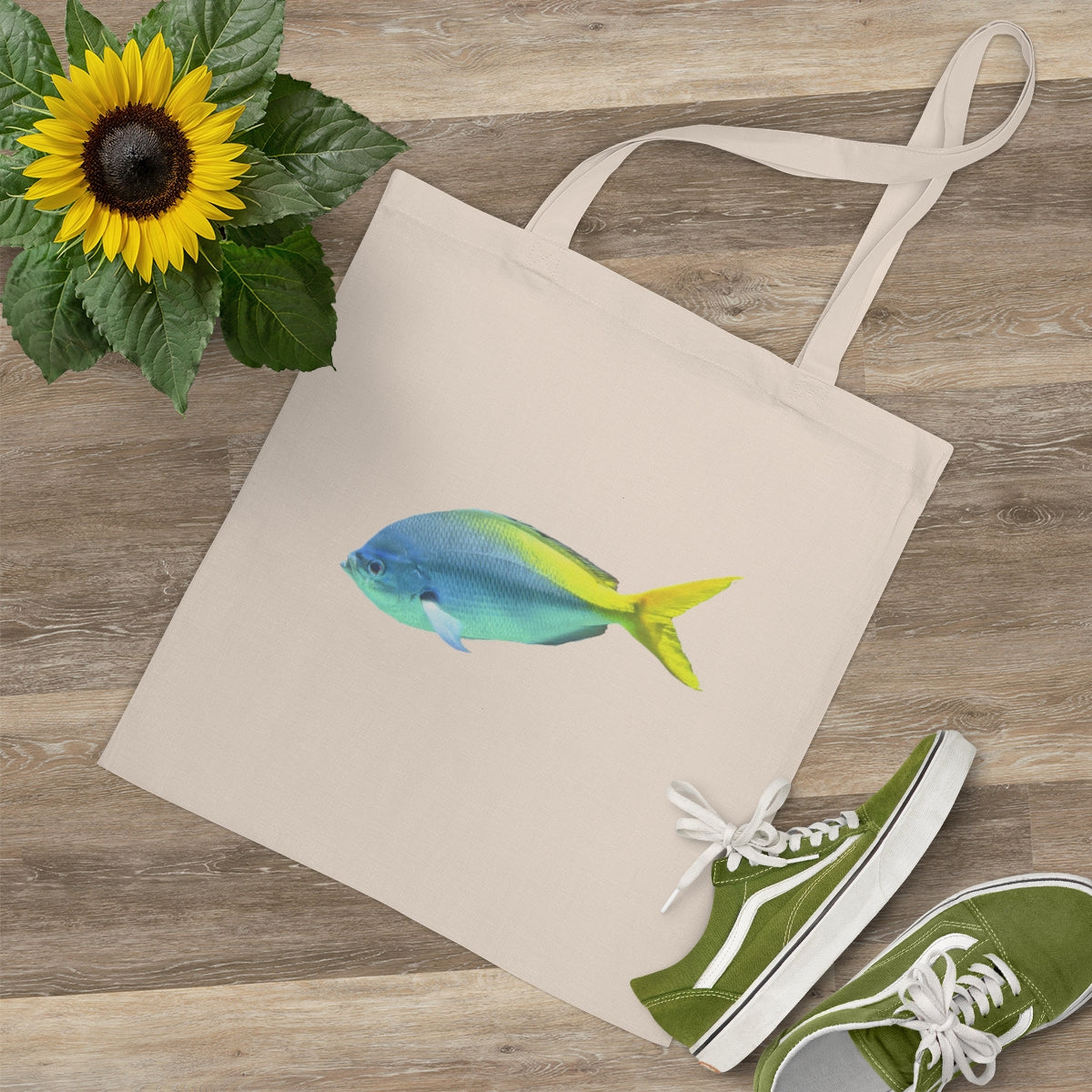 Light Blue and Yellow Fish Tote Bag with long handles and cross-stitched design, made of 100% cotton fabric.