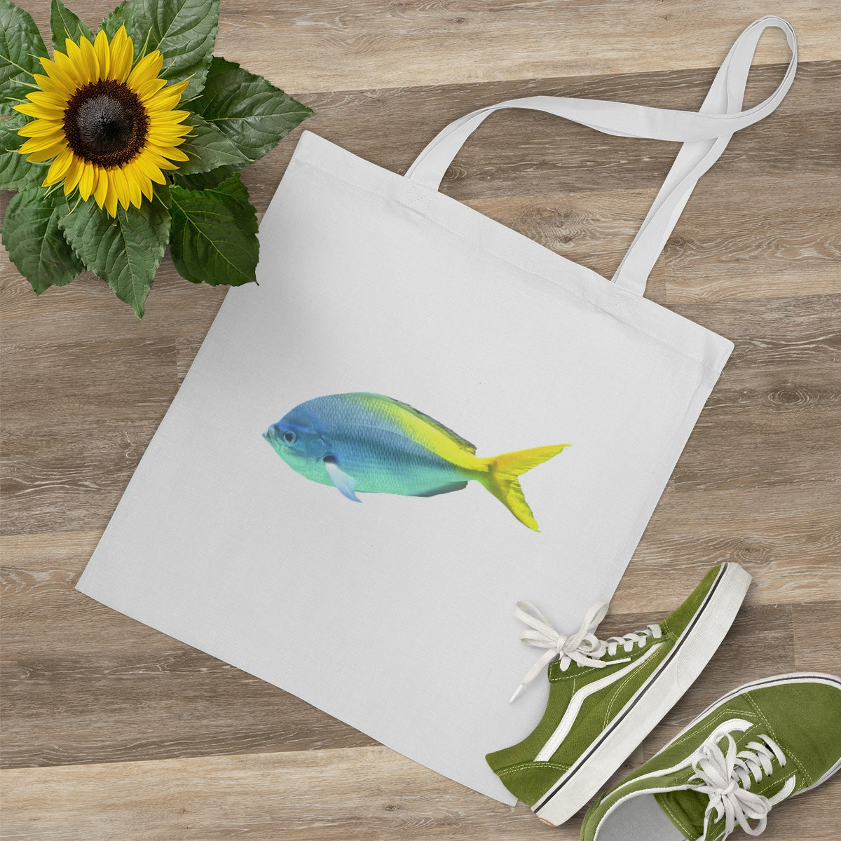 Light Blue and Yellow Fish Tote Bag with long handles and cross-stitched design, made of 100% cotton fabric.