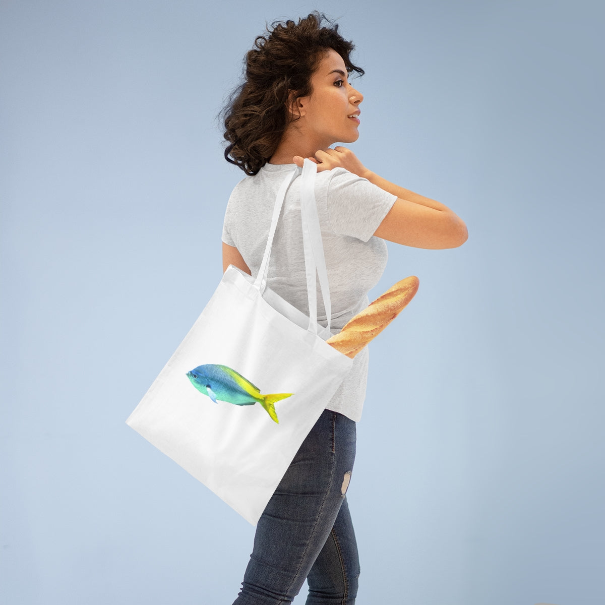 Light Blue and Yellow Fish Tote Bag with long handles and cross-stitched design, made of 100% cotton fabric.