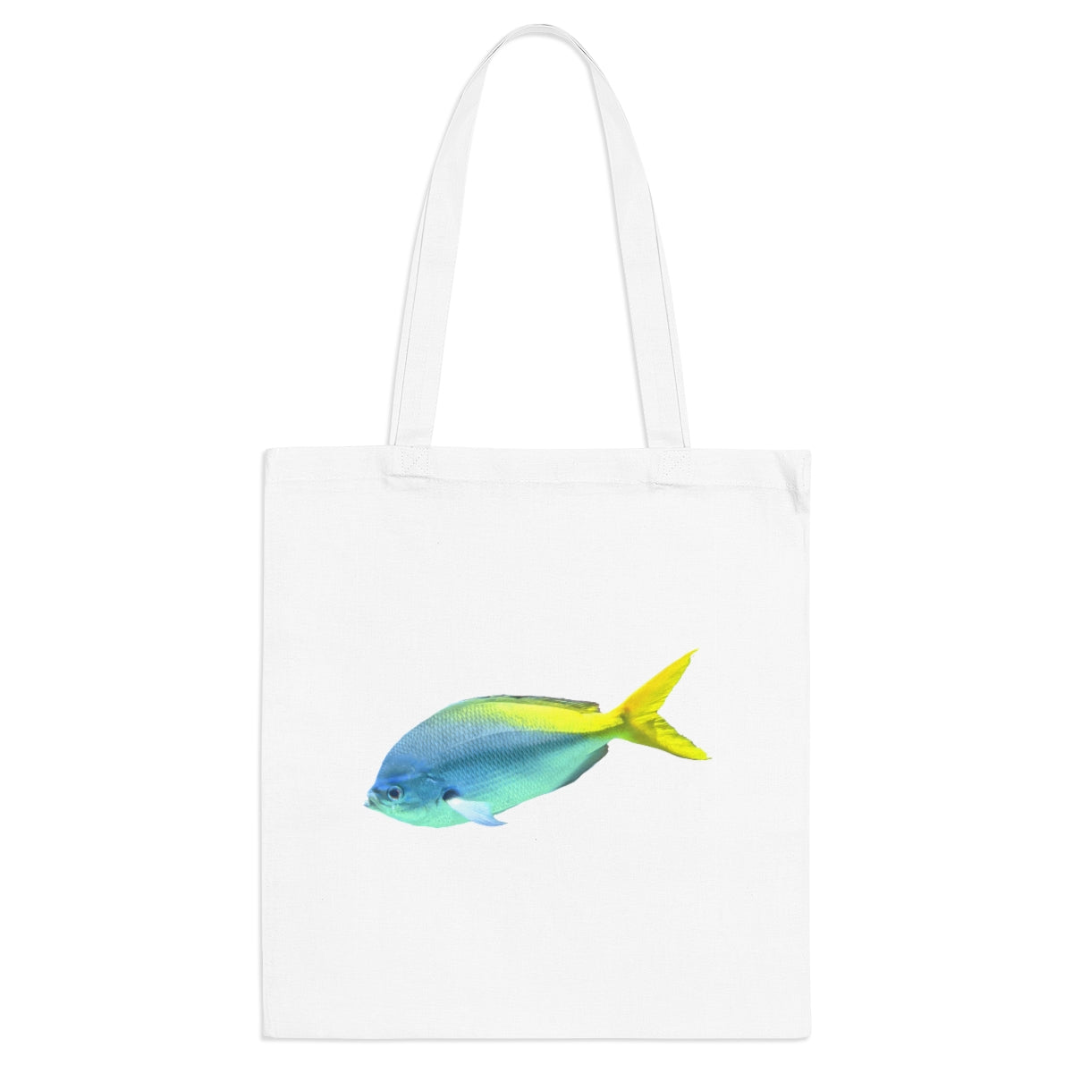 Light Blue and Yellow Fish Tote Bag with long handles and cross-stitched design, made of 100% cotton fabric.