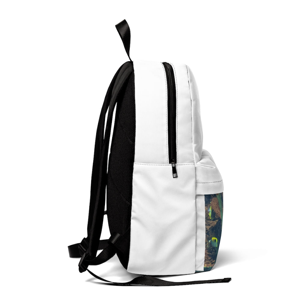 Light Blue and Yellow Fish Unisex Classic Backpack showcasing its vibrant colors and durable design, perfect for school and travel.