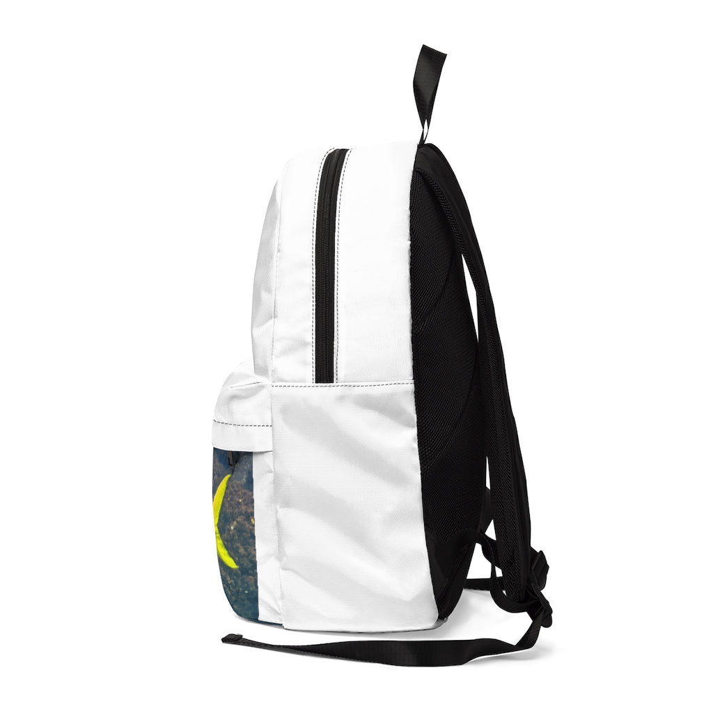 Light Blue and Yellow Fish Unisex Classic Backpack showcasing its vibrant colors and durable design, perfect for school and travel.