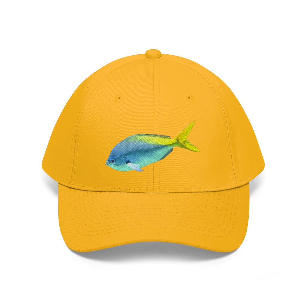 Light Blue and Yellow Fish Unisex Twill Hat featuring a playful fish design, adjustable Velcro closure, and classic 6-panel structure.