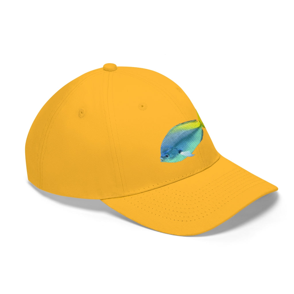 Light Blue and Yellow Fish Unisex Twill Hat featuring a playful fish design, adjustable Velcro closure, and classic 6-panel structure.