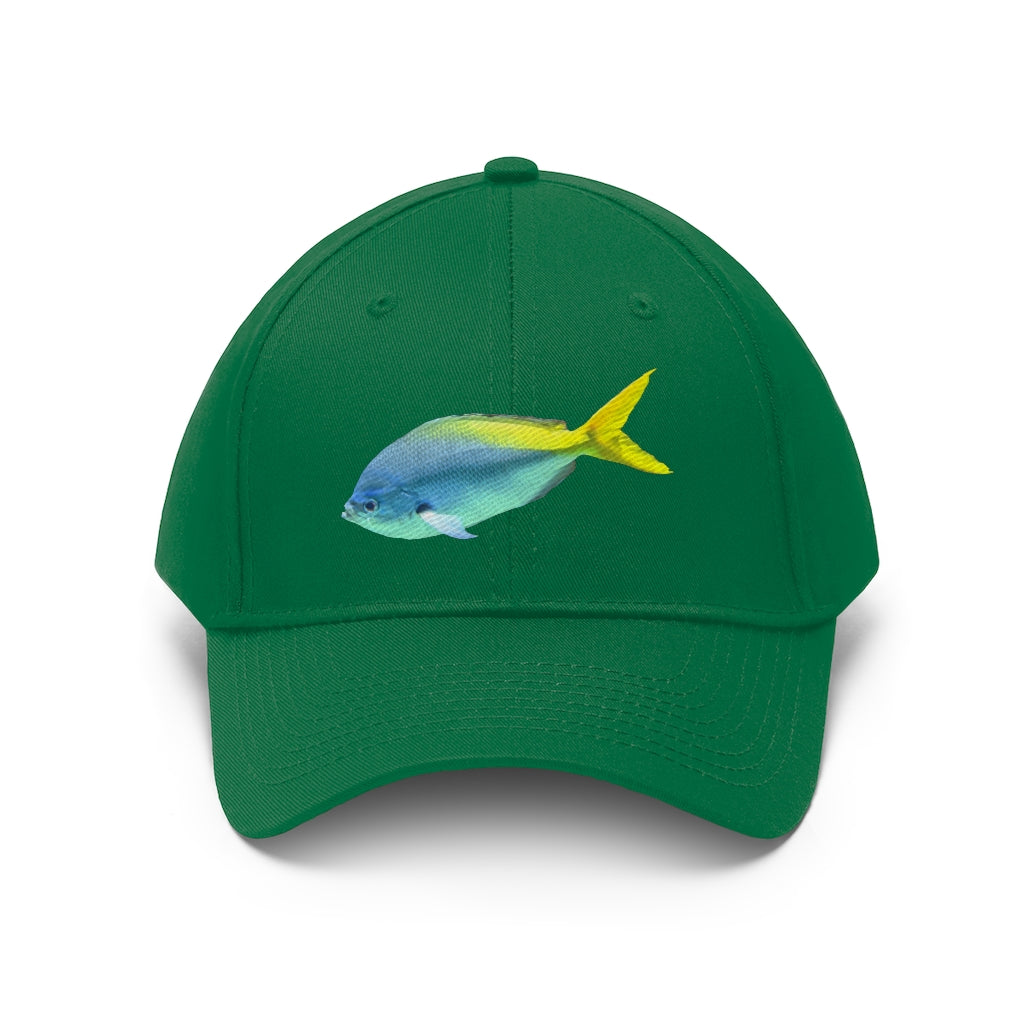 Light Blue and Yellow Fish Unisex Twill Hat featuring a playful fish design, adjustable Velcro closure, and classic 6-panel structure.