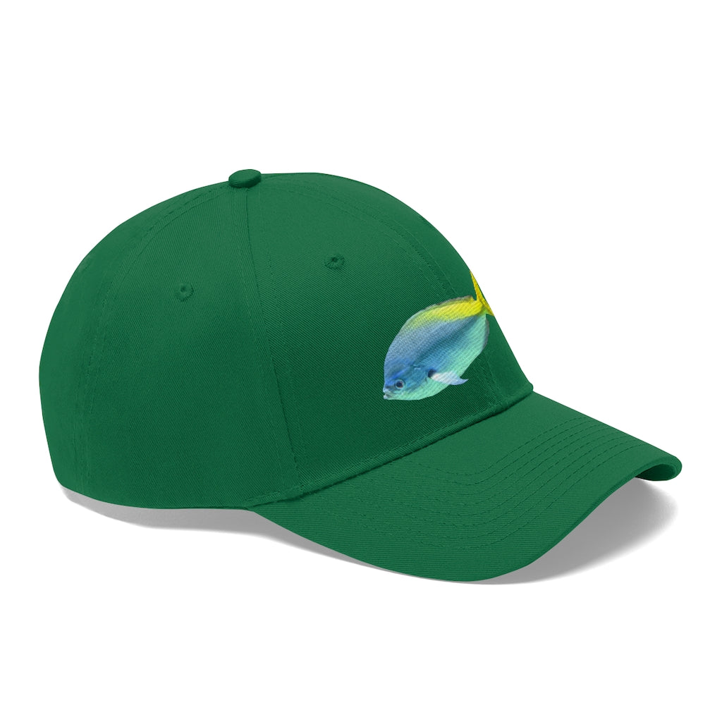 Light Blue and Yellow Fish Unisex Twill Hat featuring a playful fish design, adjustable Velcro closure, and classic 6-panel structure.