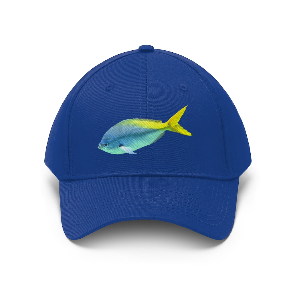 Light Blue and Yellow Fish Unisex Twill Hat featuring a playful fish design, adjustable Velcro closure, and classic 6-panel structure.