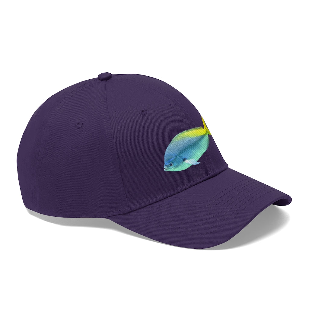 Light Blue and Yellow Fish Unisex Twill Hat featuring a playful fish design, adjustable Velcro closure, and classic 6-panel structure.