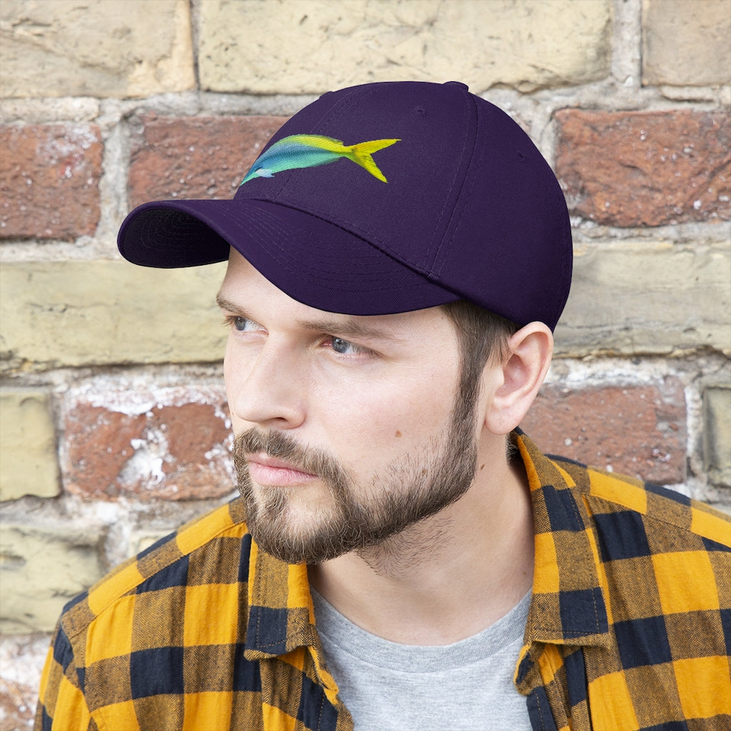 Light Blue and Yellow Fish Unisex Twill Hat featuring a playful fish design, adjustable Velcro closure, and classic 6-panel structure.