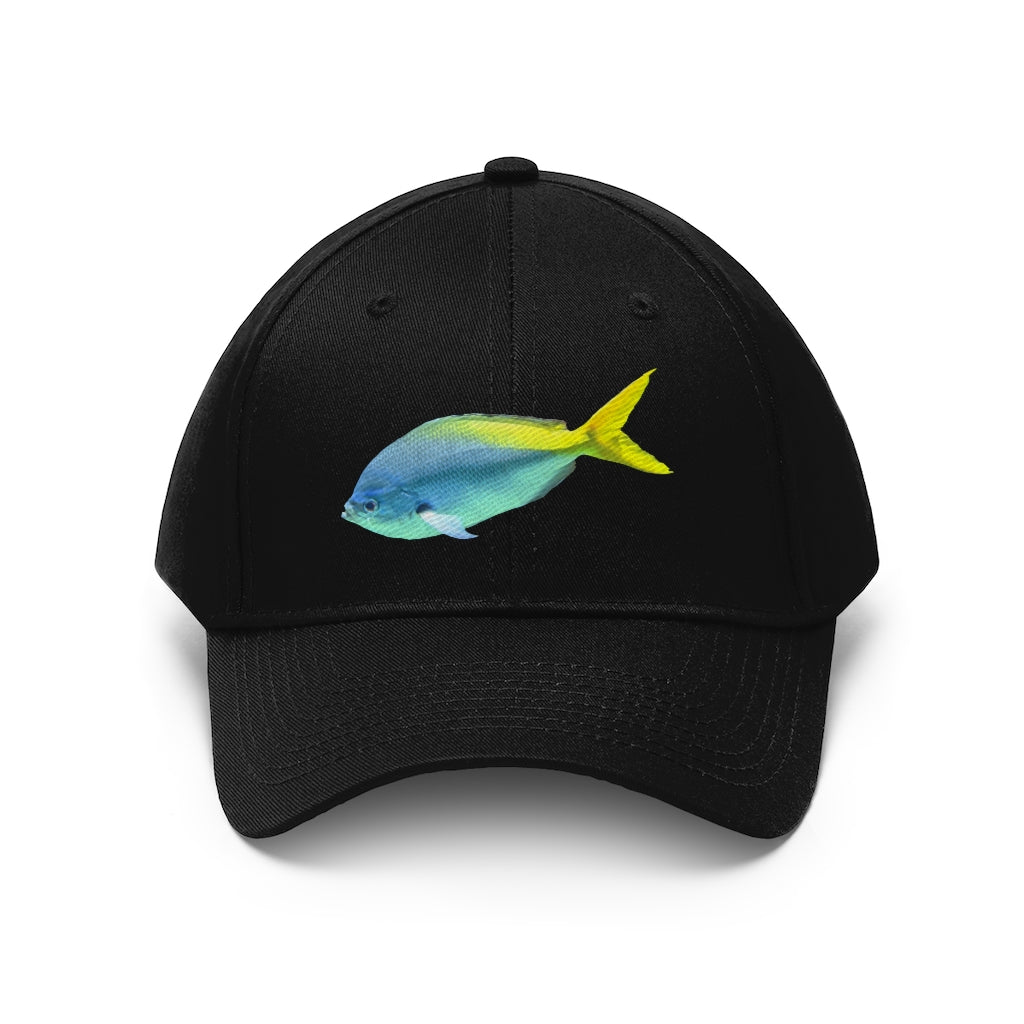 Light Blue and Yellow Fish Unisex Twill Hat featuring a playful fish design, adjustable Velcro closure, and classic 6-panel structure.