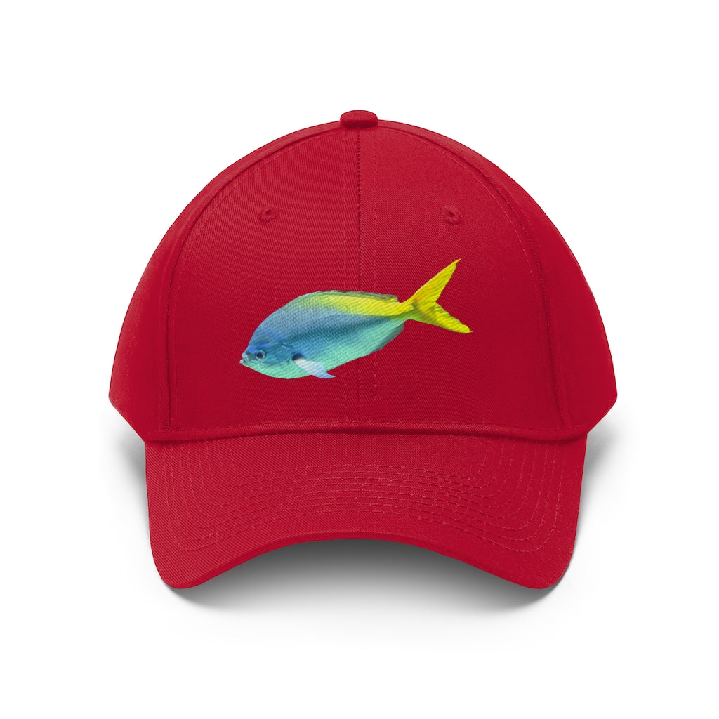 Light Blue and Yellow Fish Unisex Twill Hat featuring a playful fish design, adjustable Velcro closure, and classic 6-panel structure.