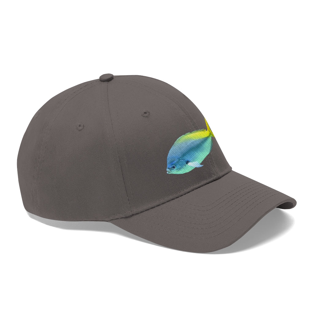 Light Blue and Yellow Fish Unisex Twill Hat featuring a playful fish design, adjustable Velcro closure, and classic 6-panel structure.