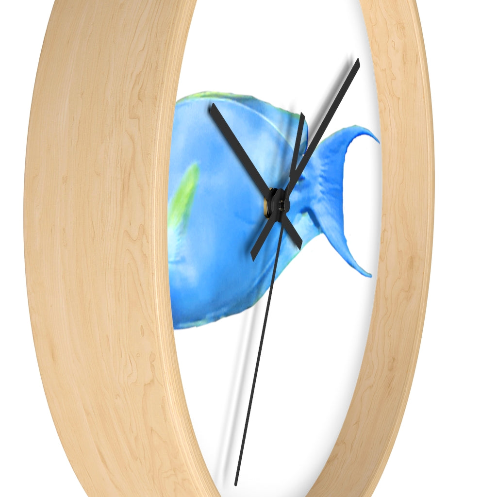 Light Blue and Yellow Fish Wall Clock with wooden frame and plexiglass face, featuring a vibrant fish design.