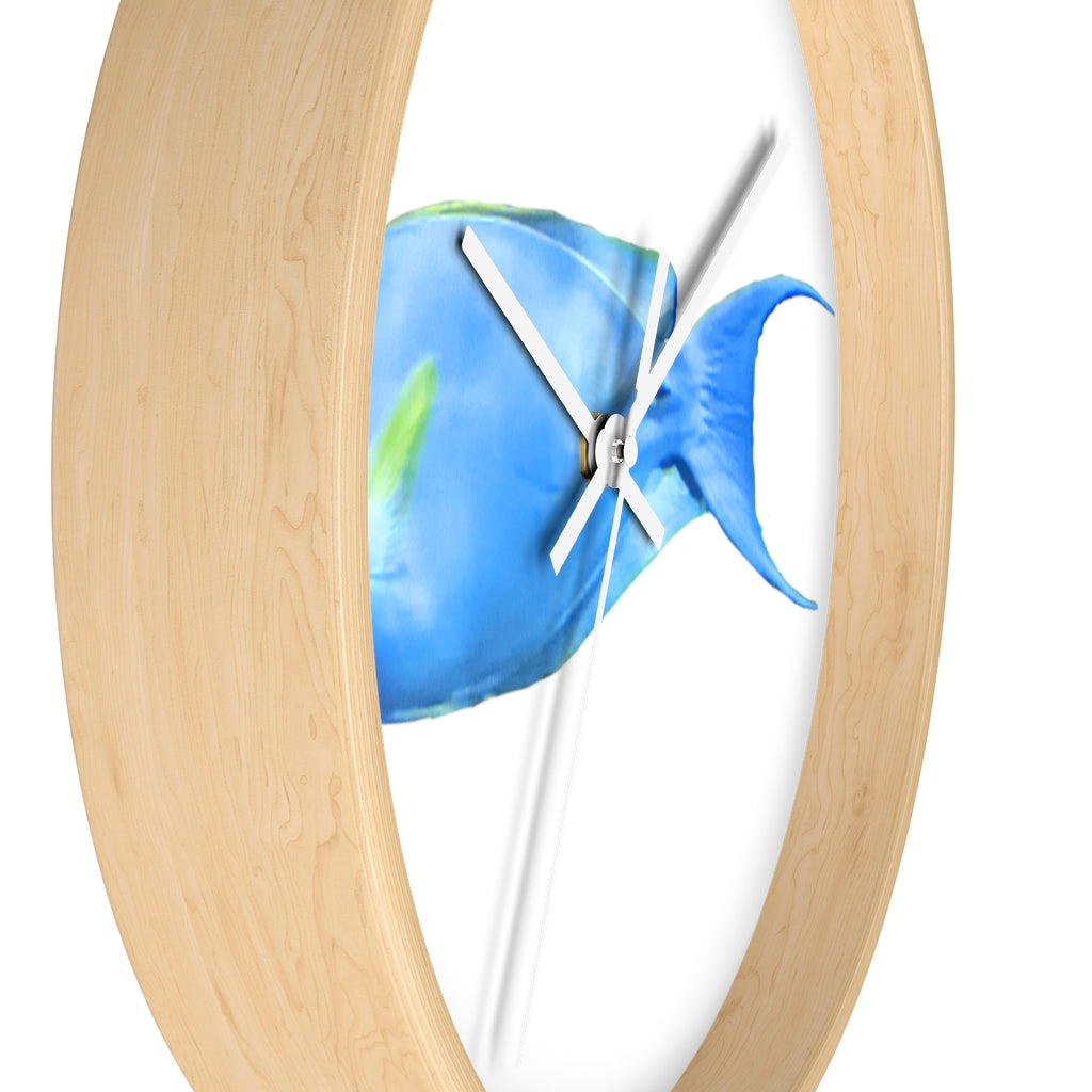 Light Blue and Yellow Fish Wall Clock with wooden frame and plexiglass face, featuring a vibrant fish design.