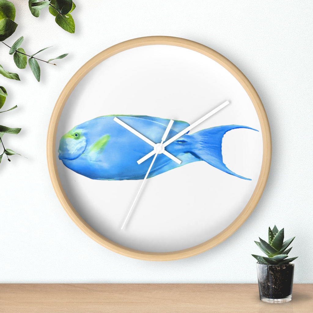 Light Blue and Yellow Fish Wall Clock with wooden frame and plexiglass face, featuring a vibrant fish design.