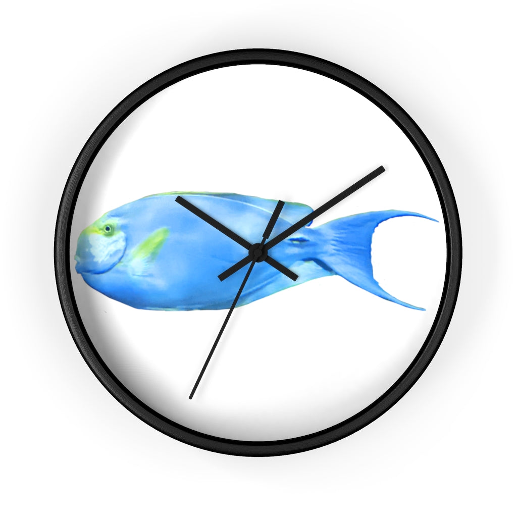 Light Blue and Yellow Fish Wall Clock with wooden frame and plexiglass face, featuring a vibrant fish design.