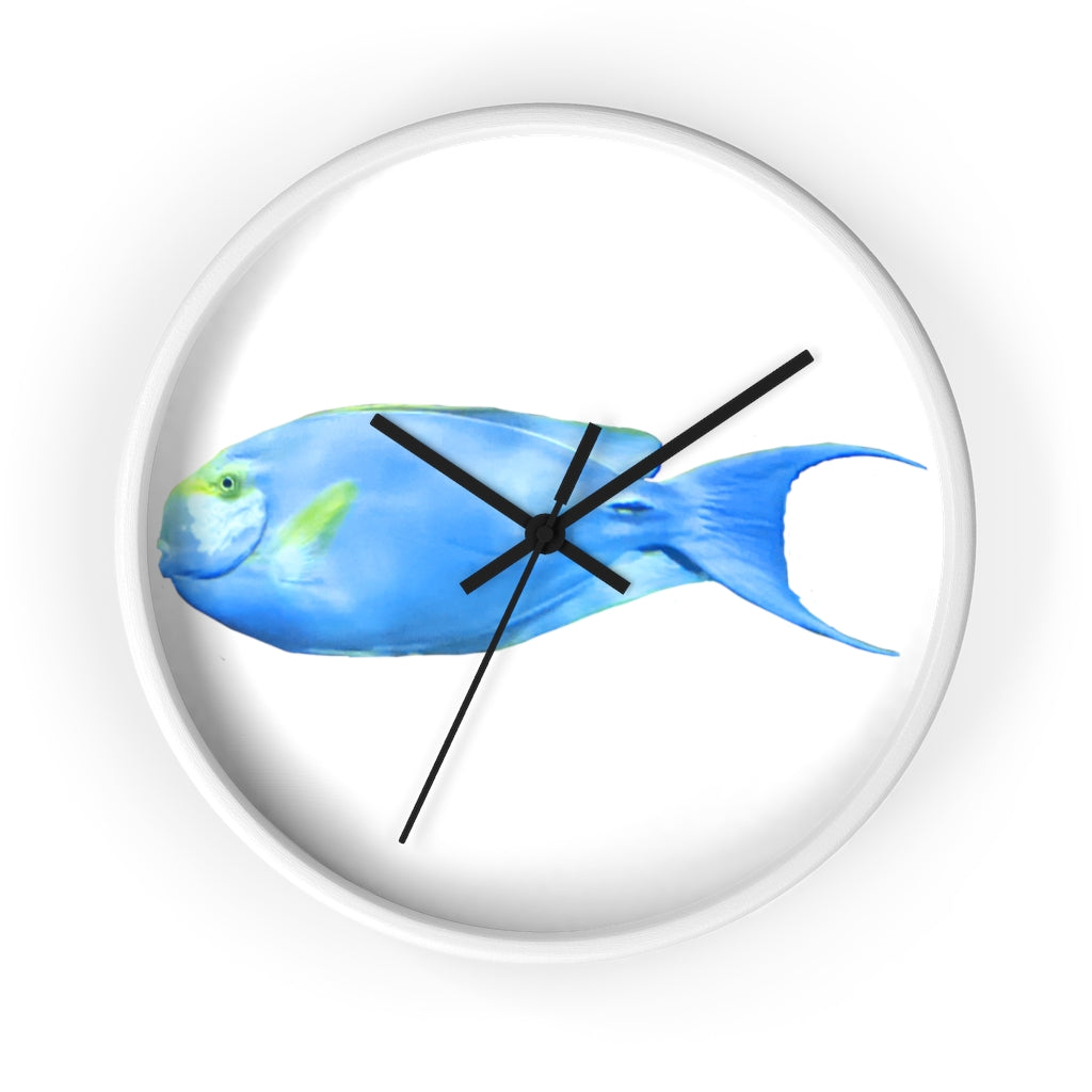 Light Blue and Yellow Fish Wall Clock with wooden frame and plexiglass face, featuring a vibrant fish design.