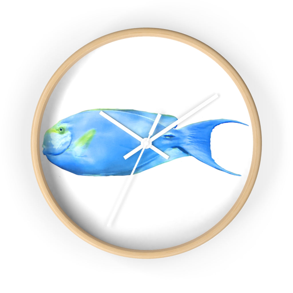 Light Blue and Yellow Fish Wall Clock with wooden frame and plexiglass face, featuring a vibrant fish design.